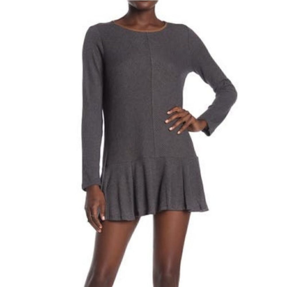 Anthropologie THML Women's Gray Ribbed Peplum Mini Tunic Dress
